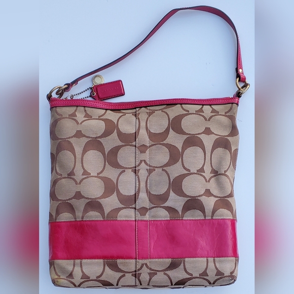 Coach Hot Pink Leather & Tan Classic Logo Canvas Bag/Purse - Picture 10 of 10